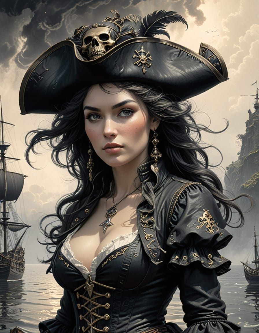 A Female Pirate soars through the Aether on a Floating Islan...