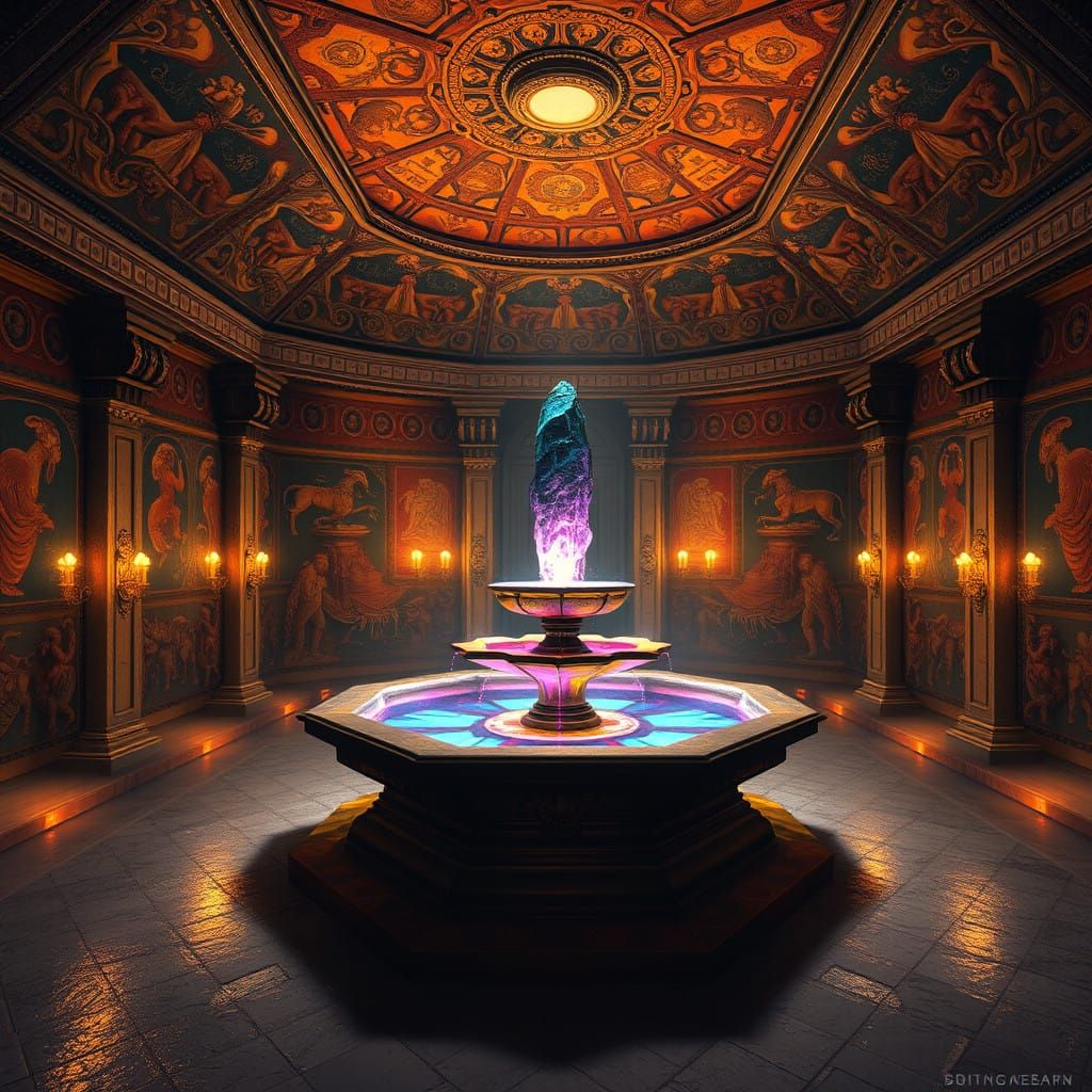 Epic Etruscan Dungeon Chamber with Majestic Eight-Sided Foun...