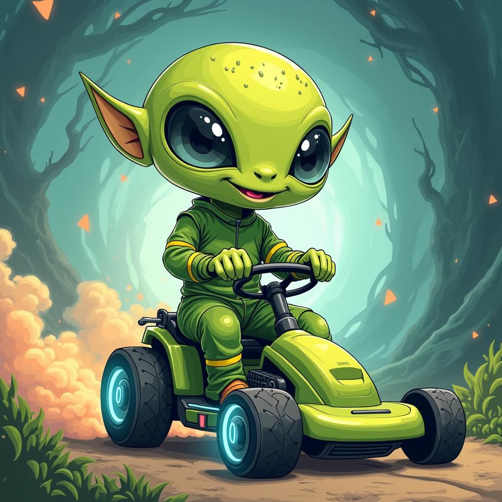 Alien Rides Futuristic Lawnmower in Cartoon Style