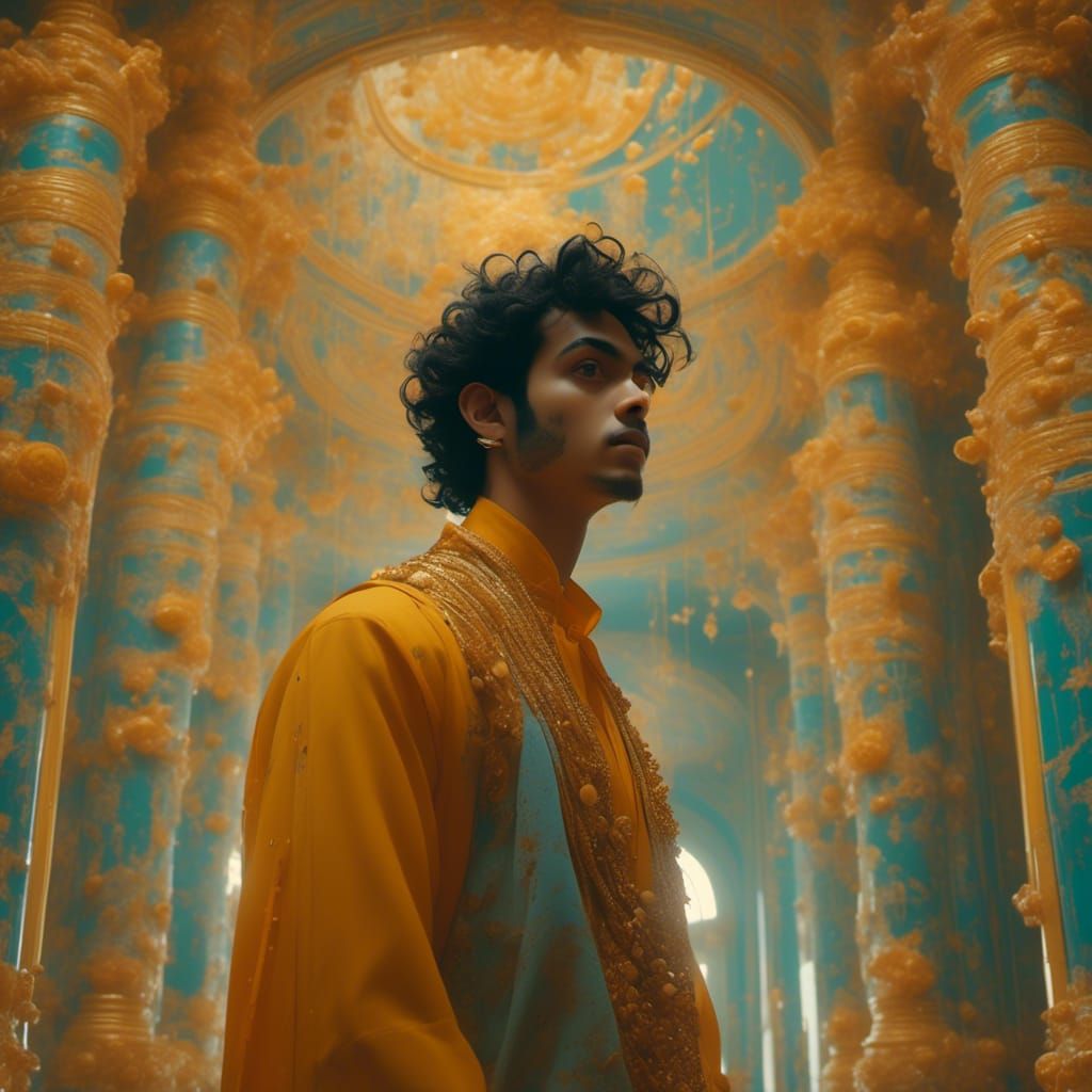 South Asian male stands in a temple