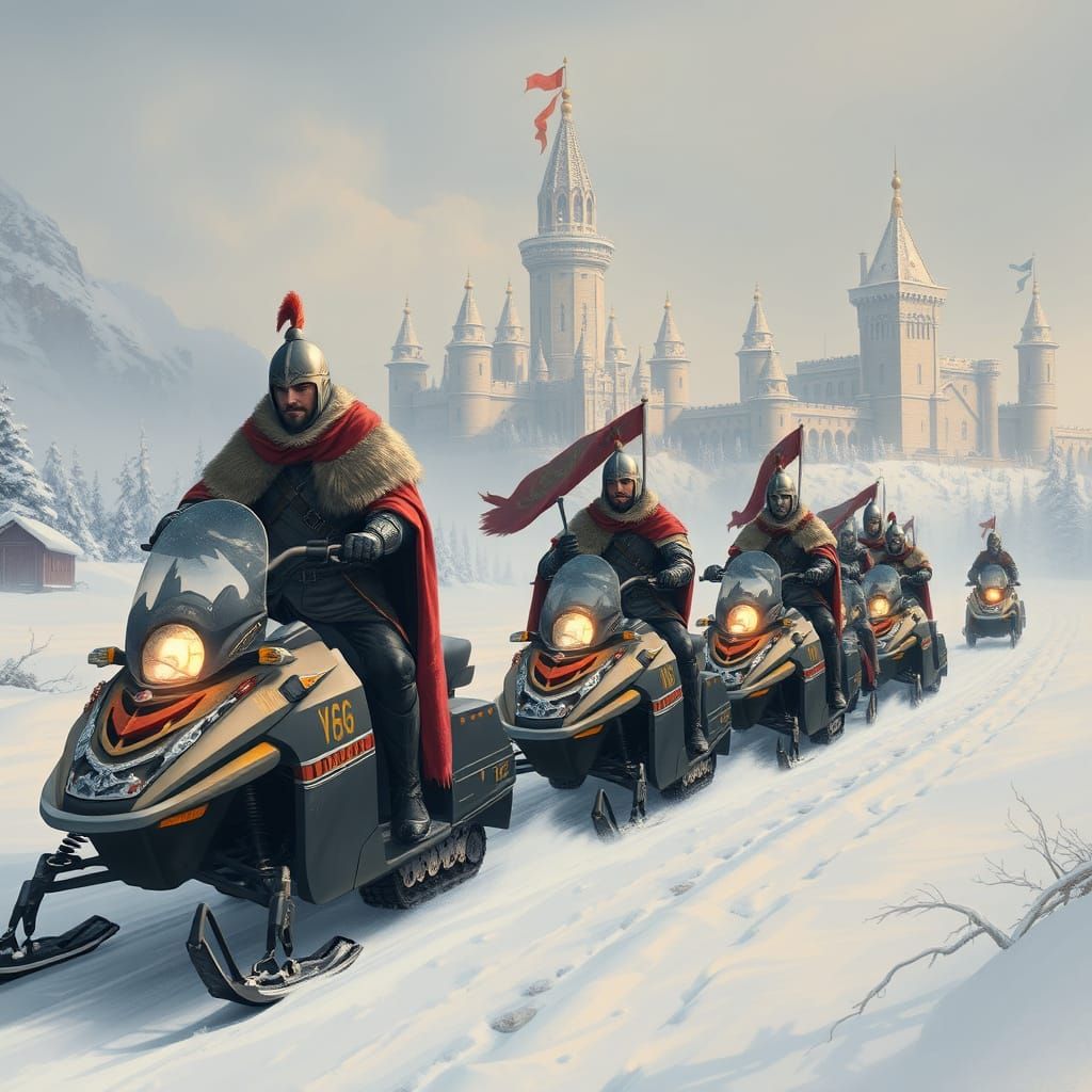 Noble Knights Ride Snowmobiles Through Winter Castles