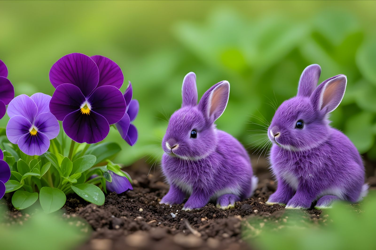 Adorable Purple Bunnies Emerge from Viola Flowers in Garden