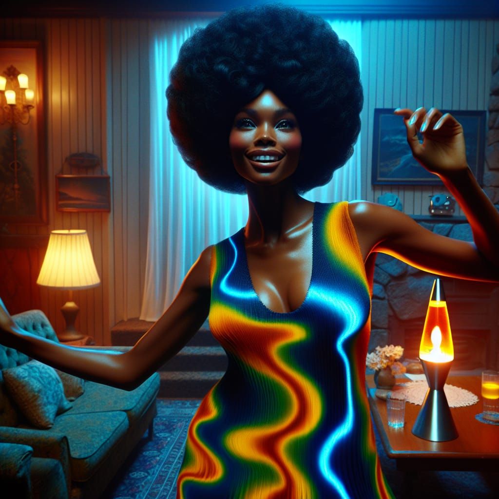 Glamorous 1970s Woman Dancing in Lava Lamp Dress