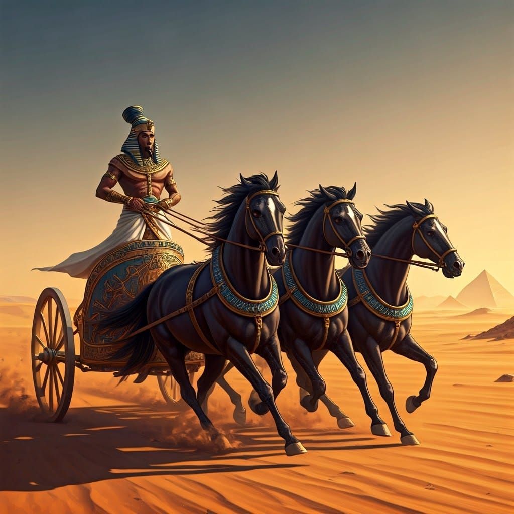 Ancient Egyptian Charioteer in Golden Headdress Rides Throug...