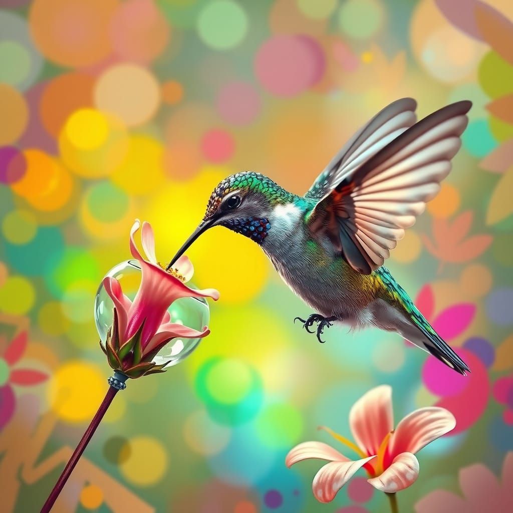 Hummingbird Sipping from Glass Flower, Hyperrealistic Splash...