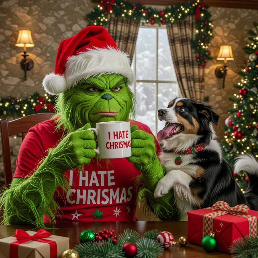 Grinch Sabotages Christmas Decorations with Dog