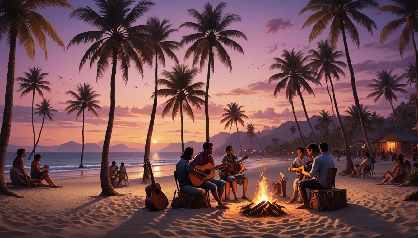 Tropical Beach Bonfire at Dusk in 3D Rendering