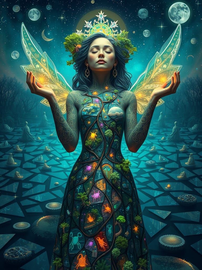 Surreal Princess Embodies Interconnected Ecosystems in Dream...