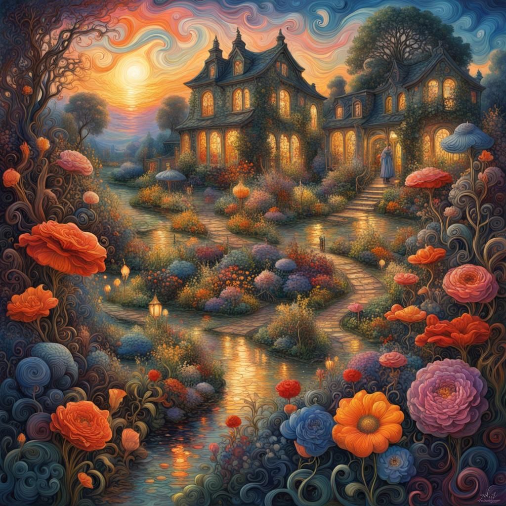 Psychedelic Marbled Cityscape Garden at Night