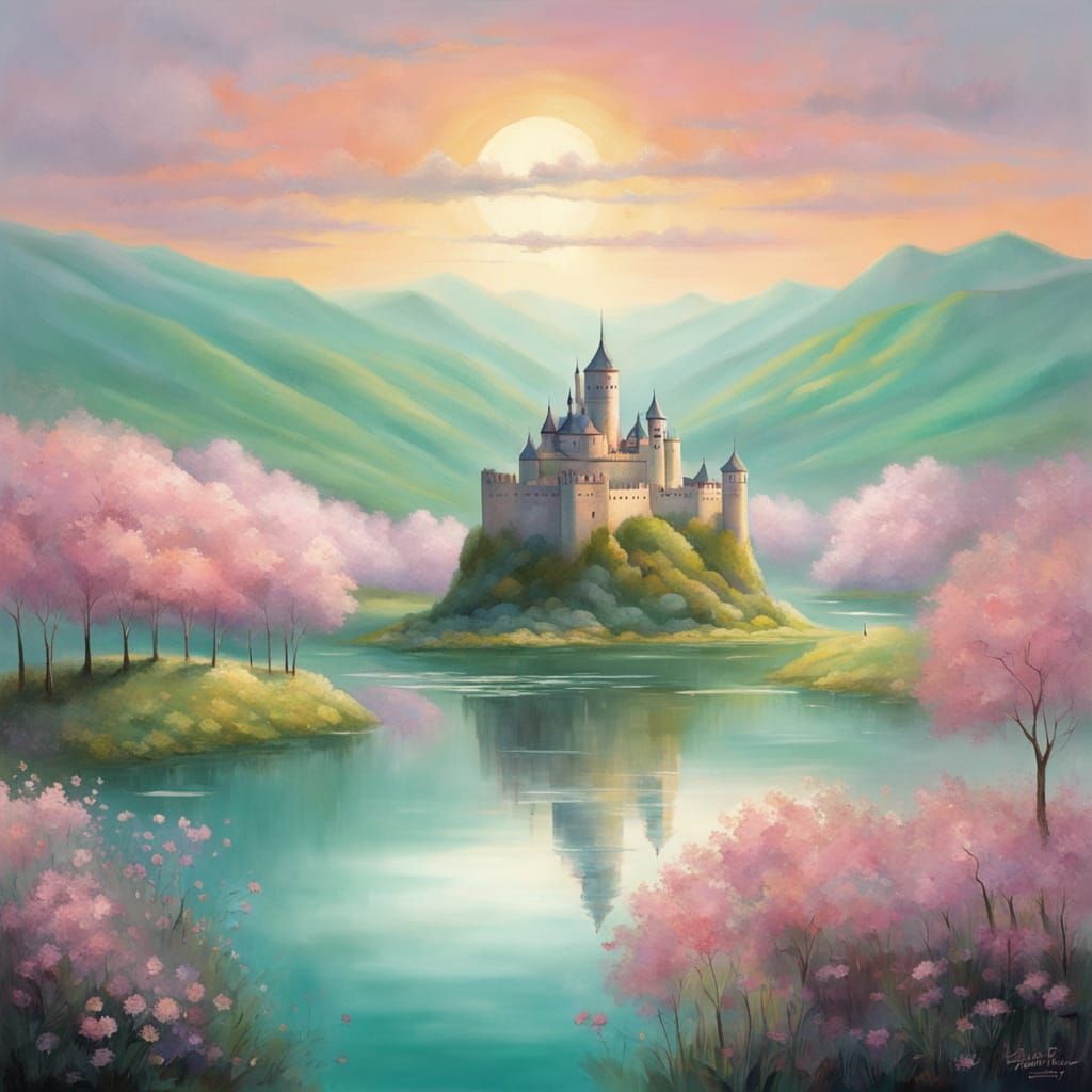 A dreamscape of a luminous valley under the sun, with a castle in the centre.
