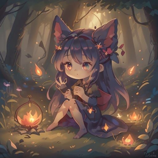 Woman Tends Fire on Foggy Night