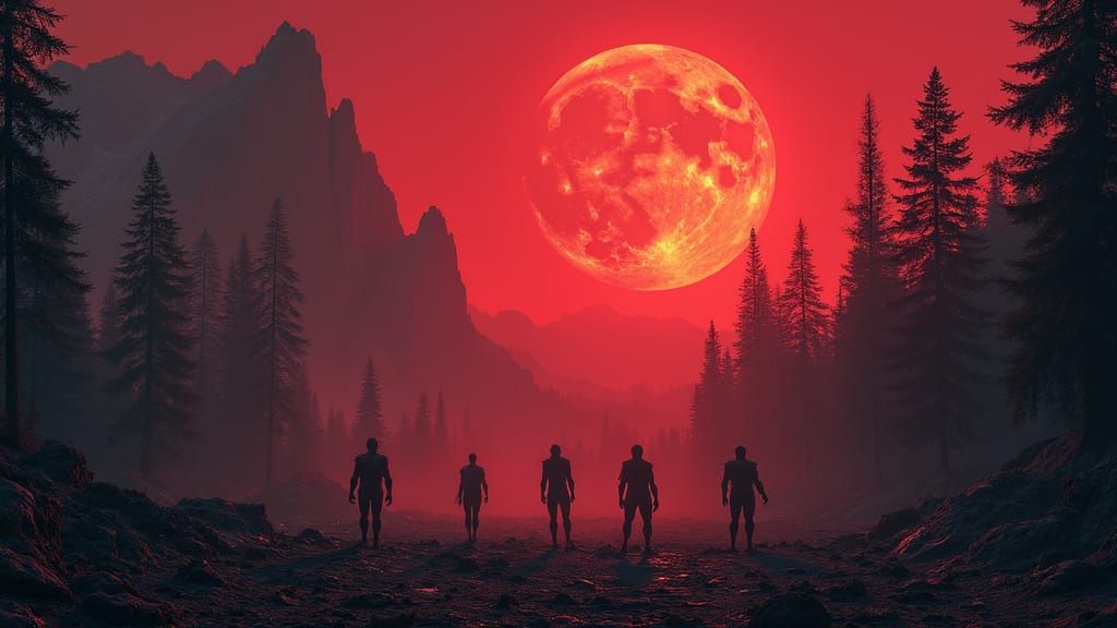 Blood Moon in a Haunting Coniferous Landscape