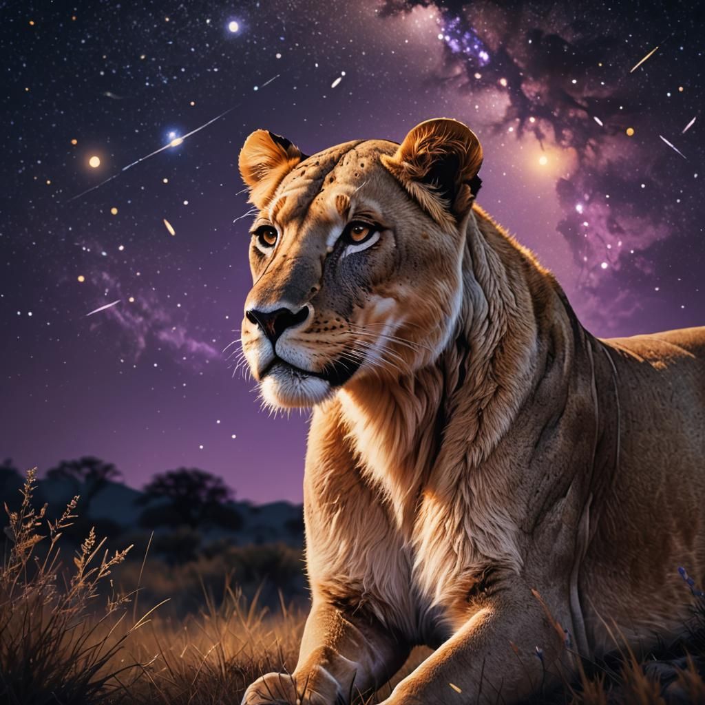 Glowing Lioness in Starry Night: Digital Art