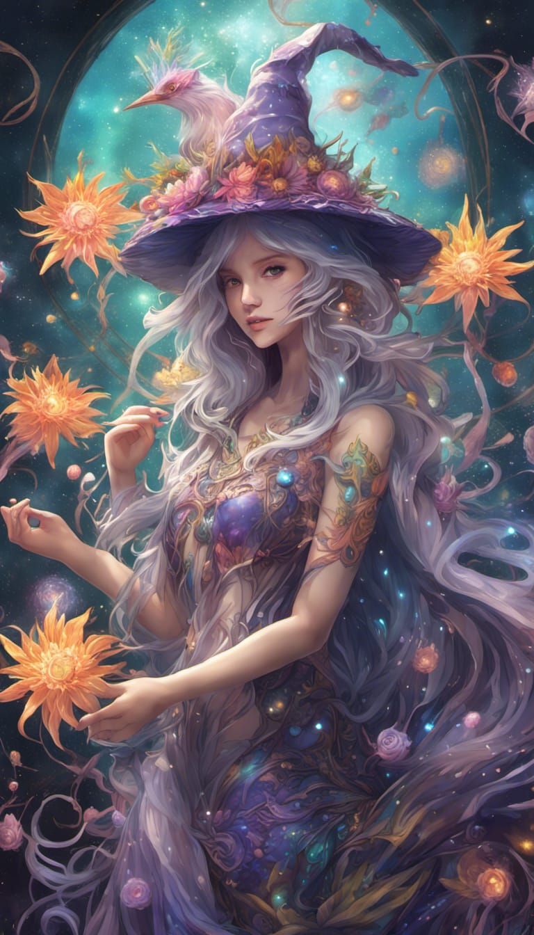 Magical Nymph-Elf Witch Casting Spell in Fractal Garden