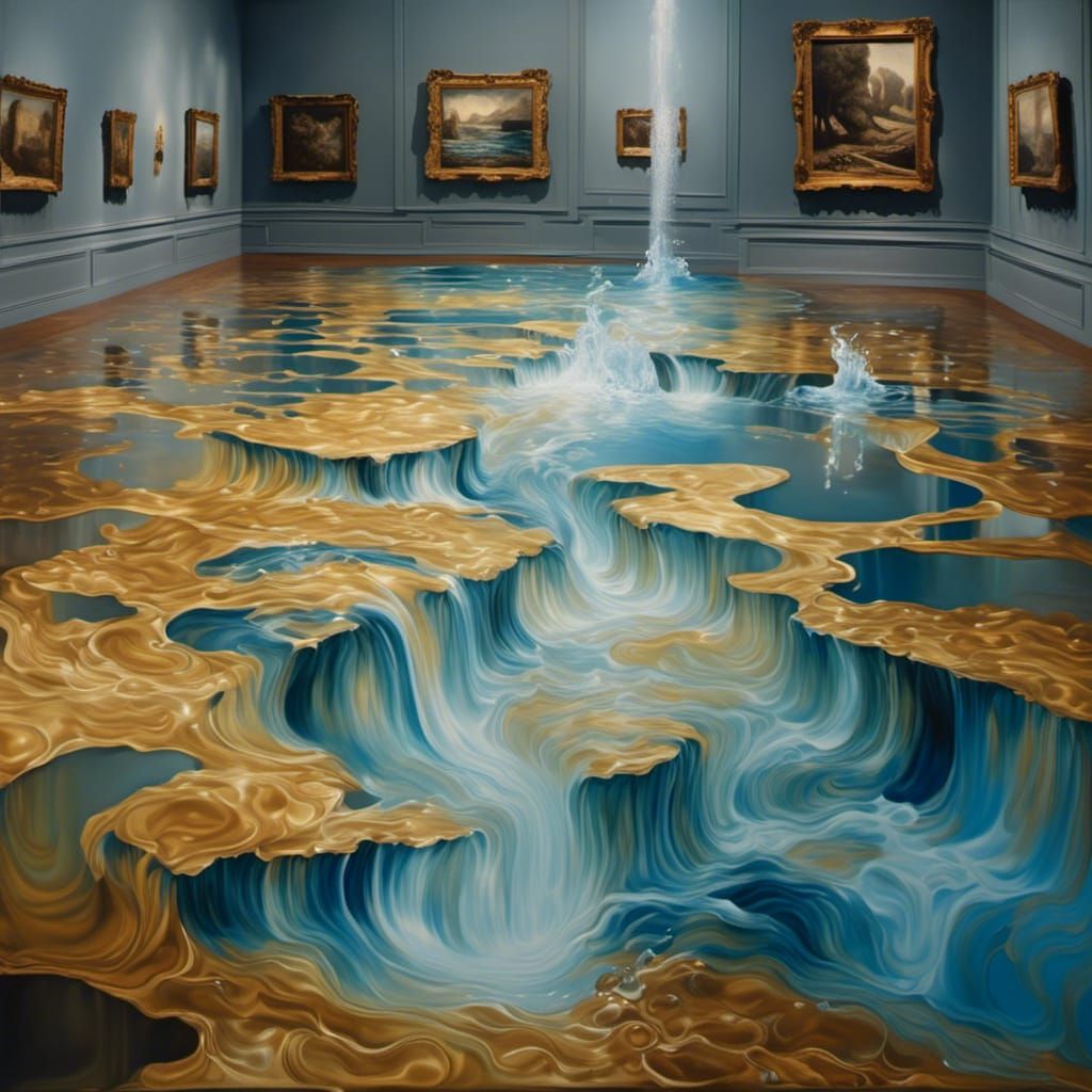 Surreal Water Flowing from Painting in Gallery