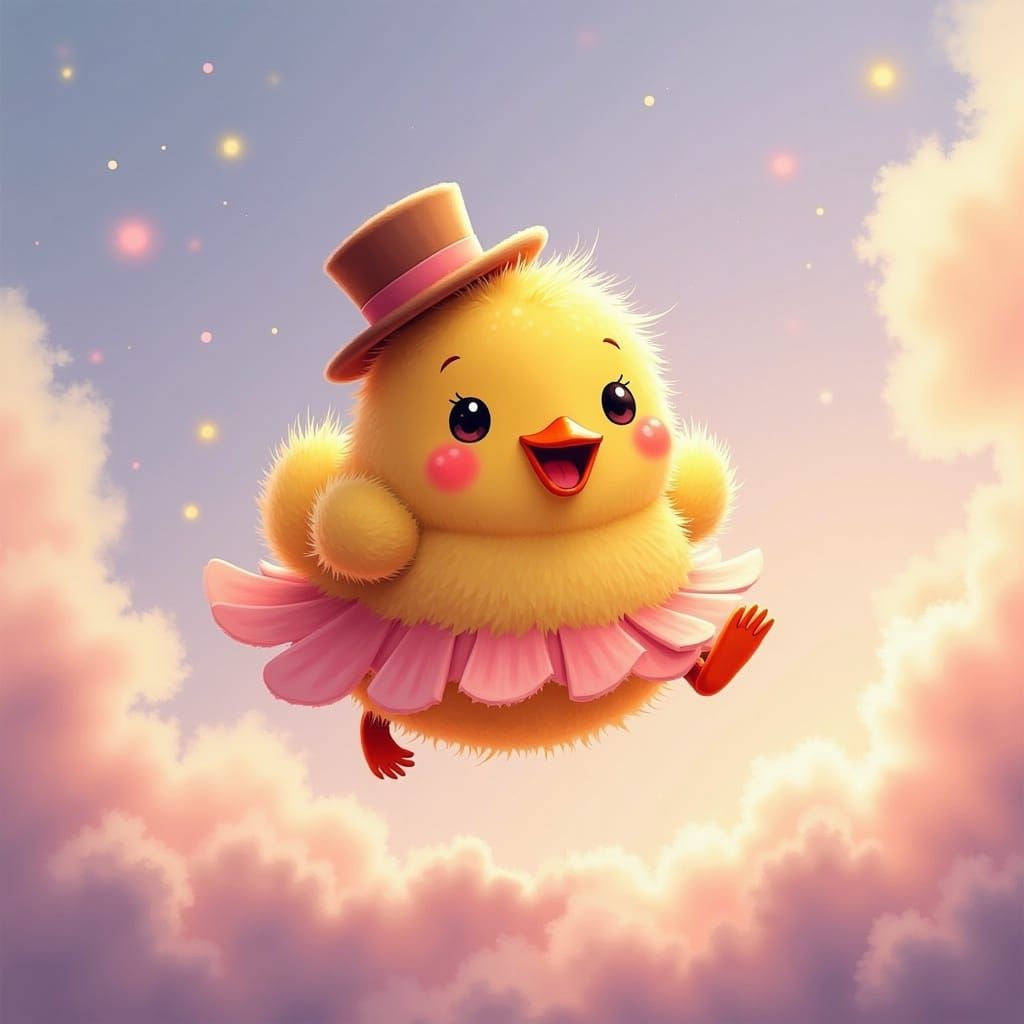 Dancing Duckling in Iridescent Clouds: Fantasy Concept Art