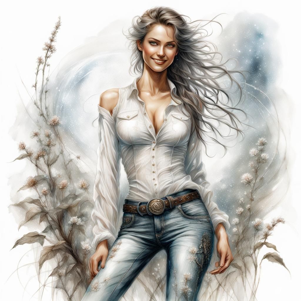 Smiling Girl in Jeans: Luis Royo Style Digital Art