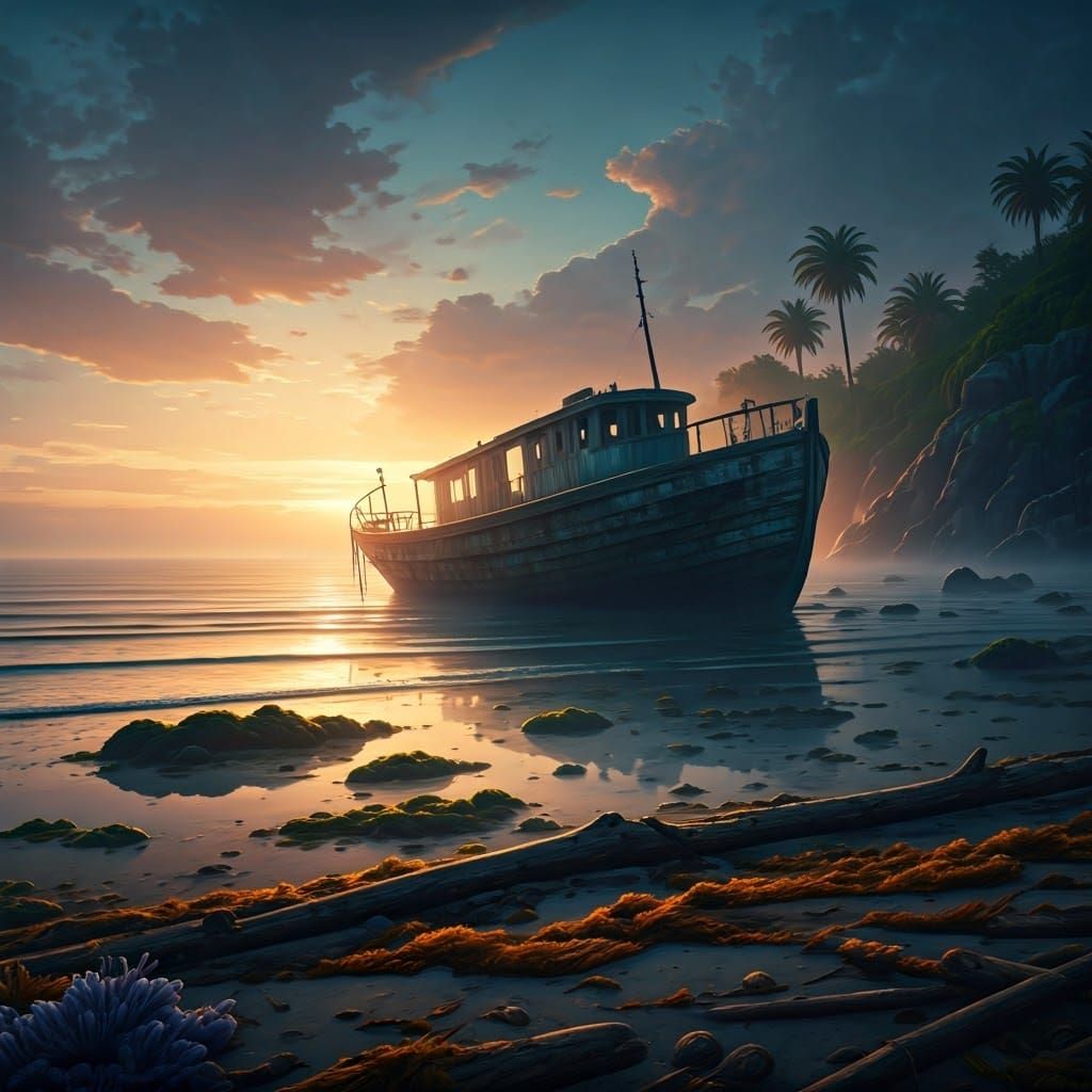 Ethereal Ghost Ship on Misty Beach at Sunset