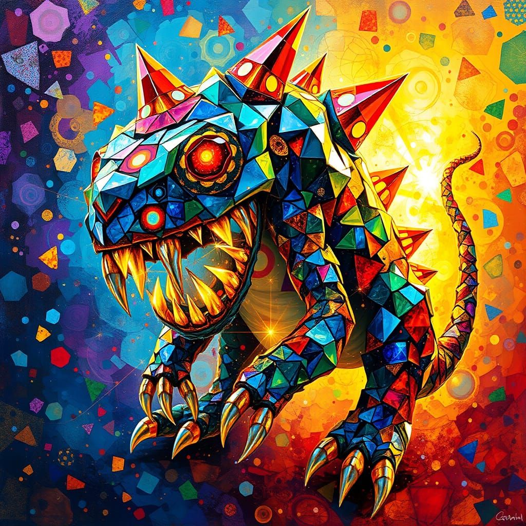 Vibrant Mosaic Creature in Electric Blue and Golden Yellow