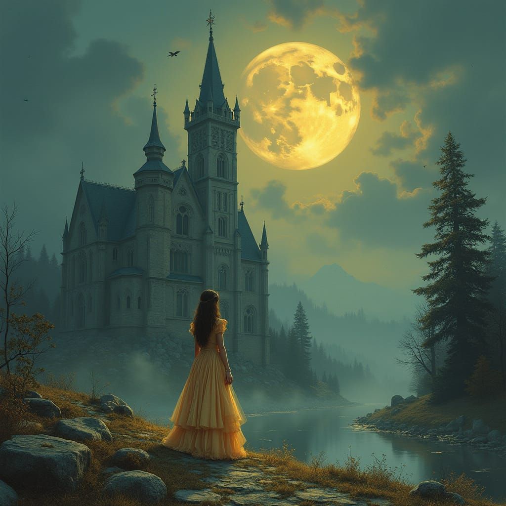 Girl in Luminous Church Scene