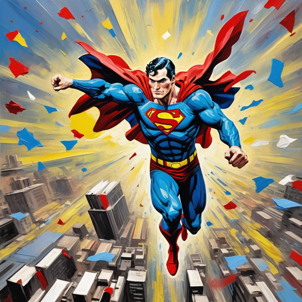 Superman Flying: An Impasto Painting in Primary Colors