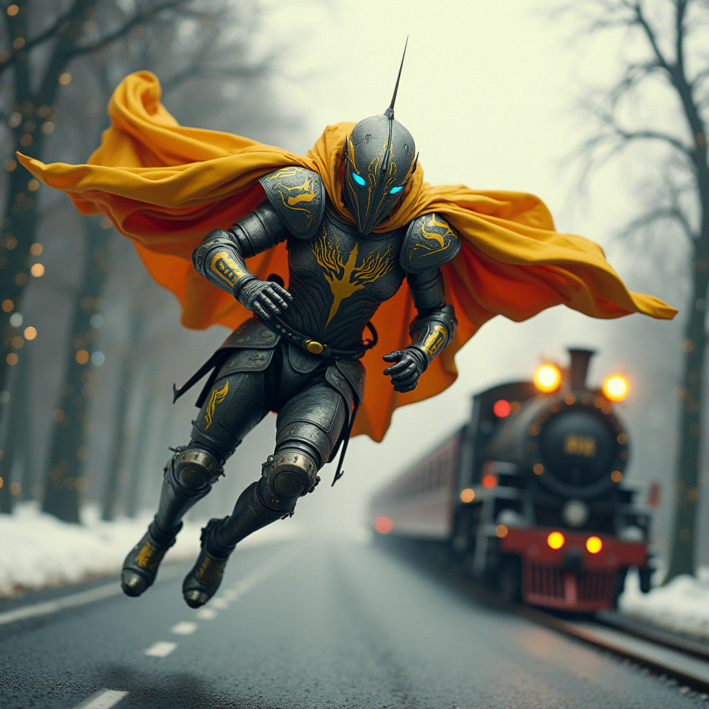 Medieval Knight Soaring Above Christmas Steam Trains