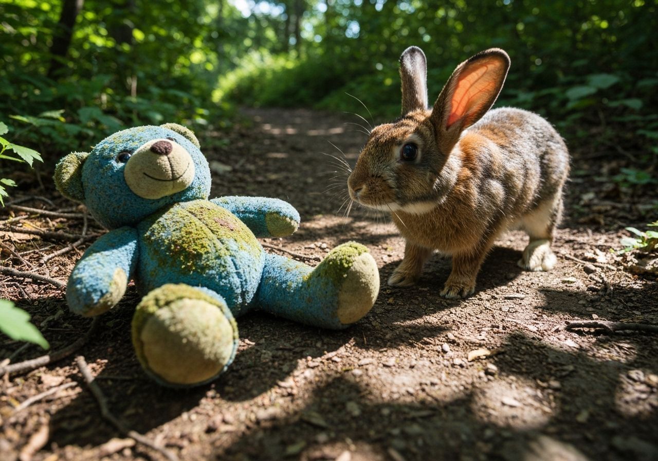 Rabbit Sniffs Forgotten Teddy Bear in Forest