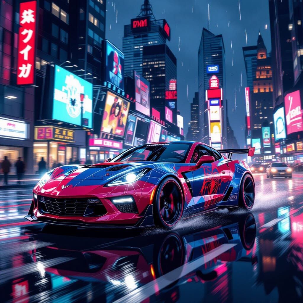 Spiderman Car Speeds Through Neon City Night