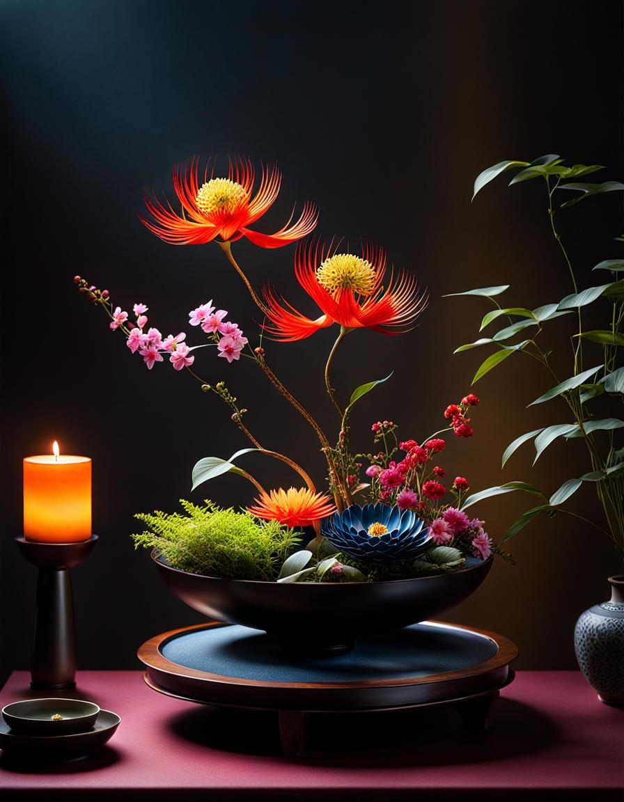 Dramatic Japanese Ikebana Flower Arrangement in 8K