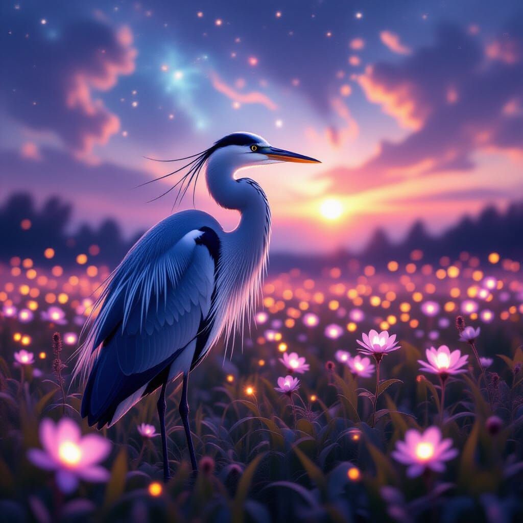 Heron Amidst Bioluminescent Flowers Under Nebula Sky
