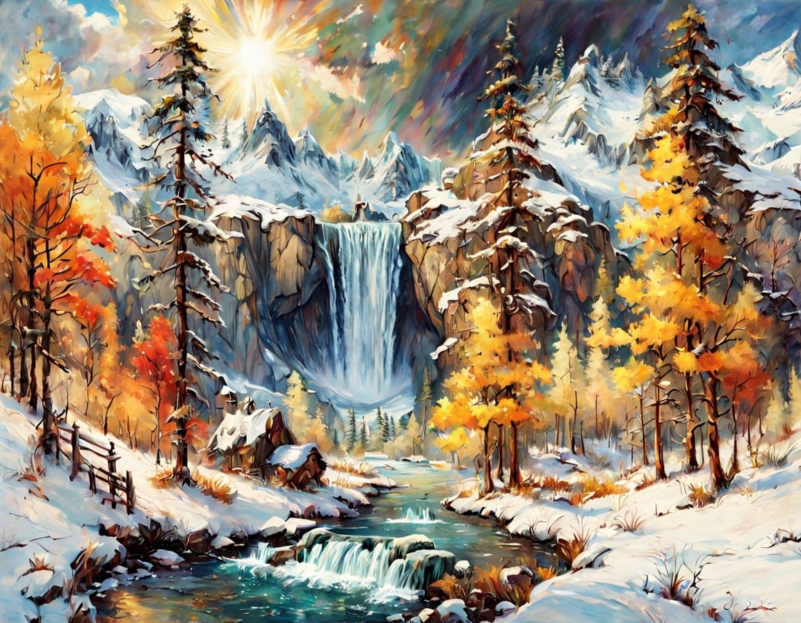 Autumn Waterfall Amidst First Snow Oil Painting