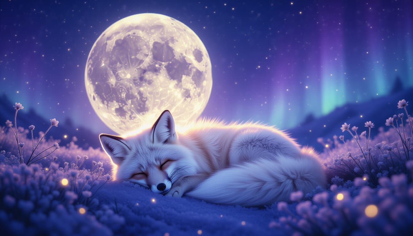 Crystal Fox Sleeps Under Cosmic Moon in Hyper-Realistic Phot...