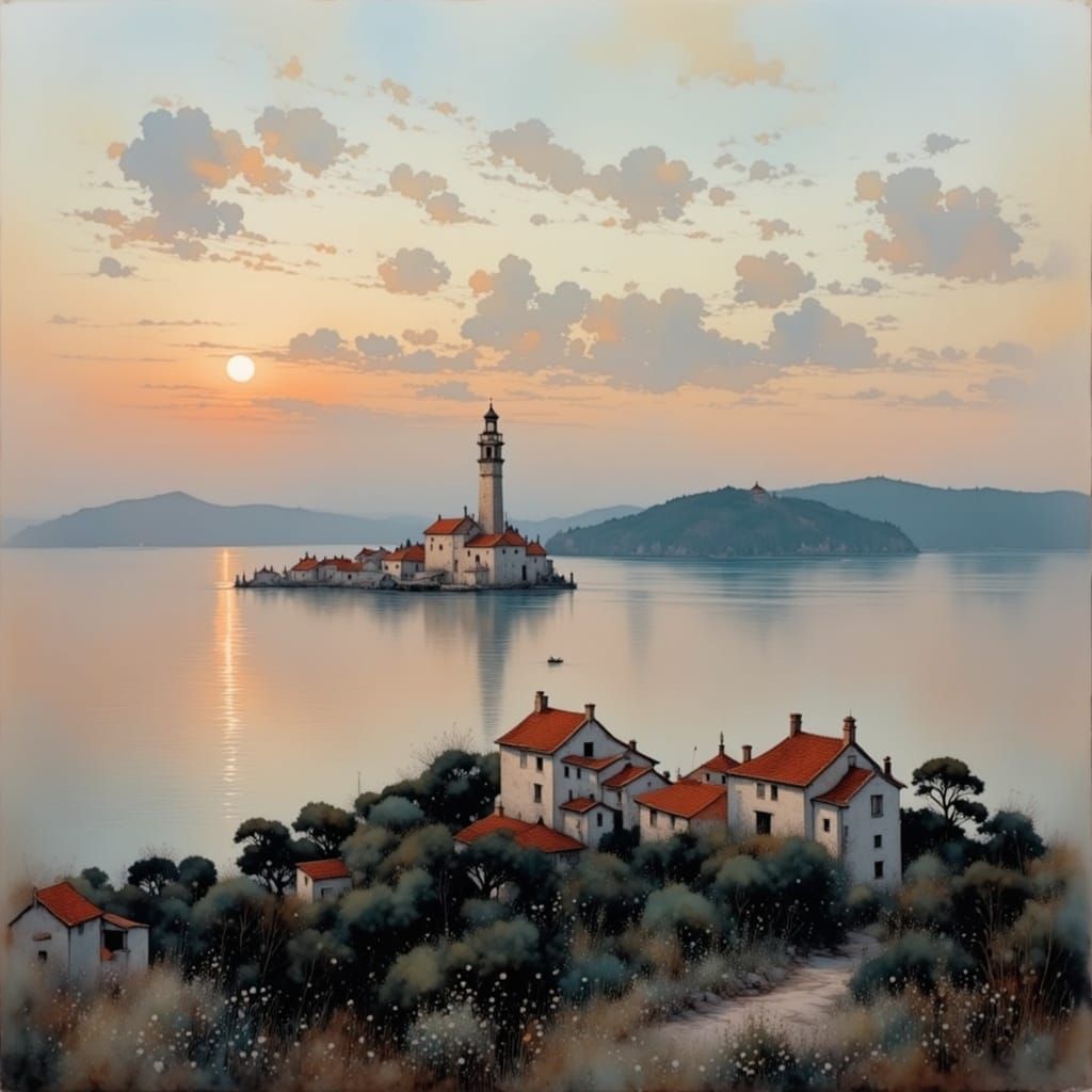 Korčula Bell Tower at Dusk in Whimsical Illustration Style