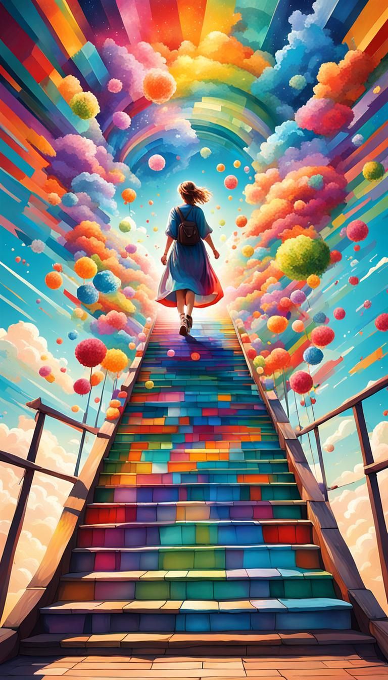 Woman on Stairway to Heaven: Colorful Fantasy