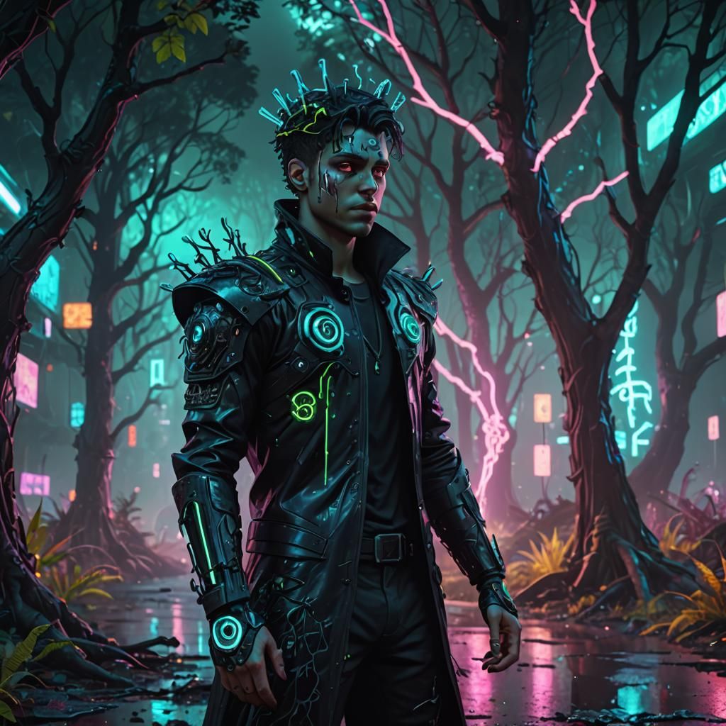 Scarred Prince in Cyberpunk Forest: 3D Art