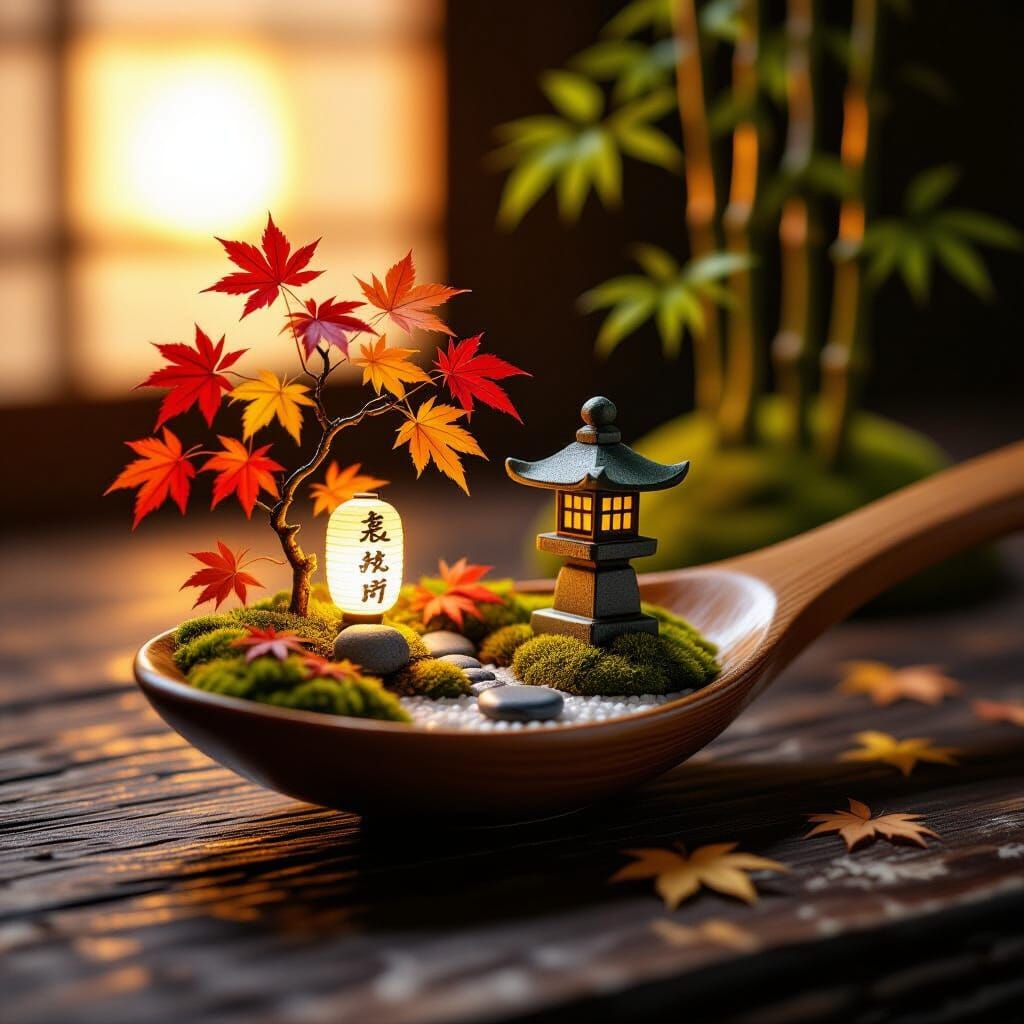Miniature Japanese Autumn Scene in Wooden Spoon