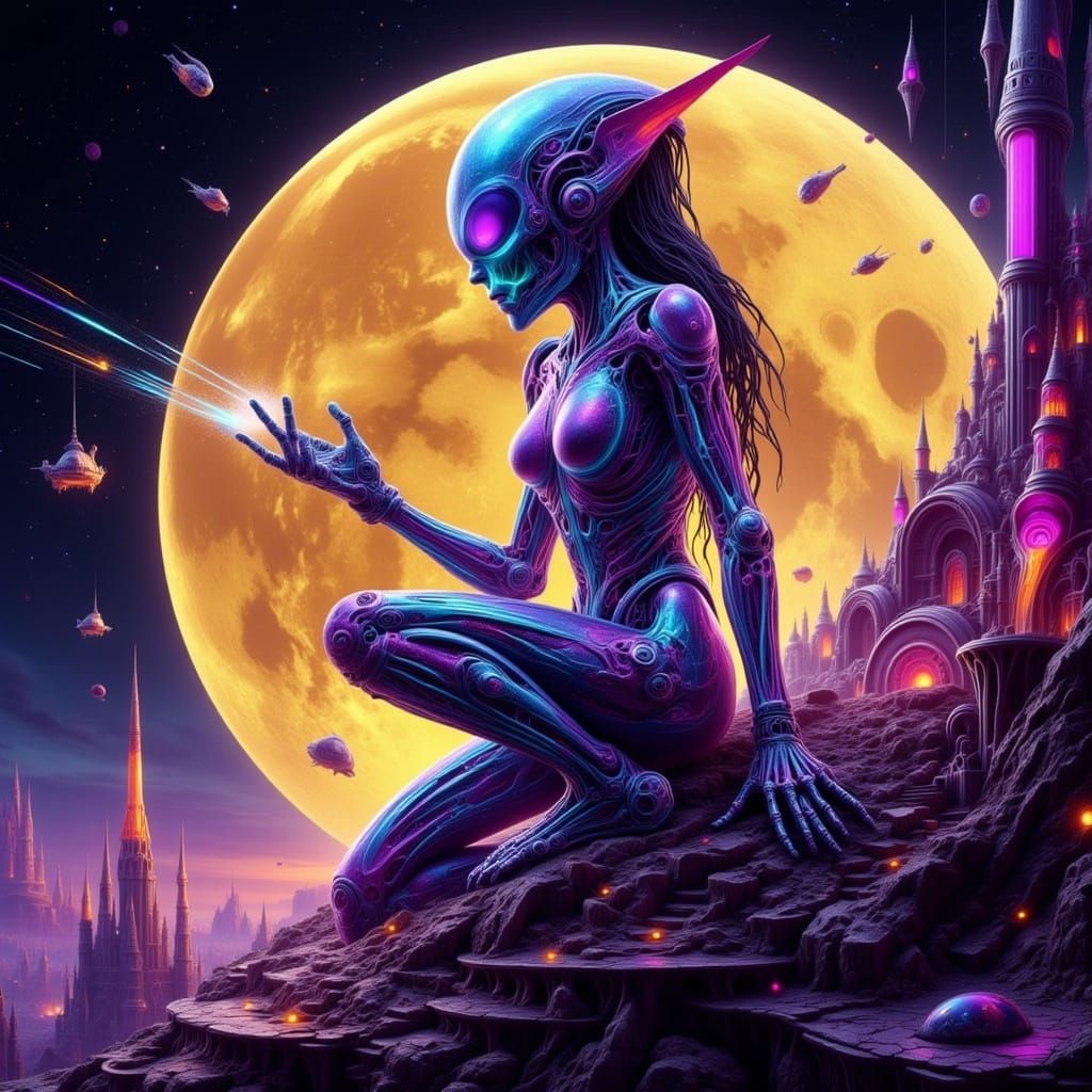 Biomechanical Alien Kneeling on Spaceship in Sci-Fi Cityscap...