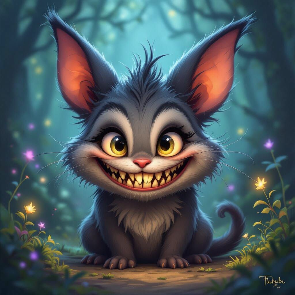 Mischievous Labubu Character in Enchanted Forest