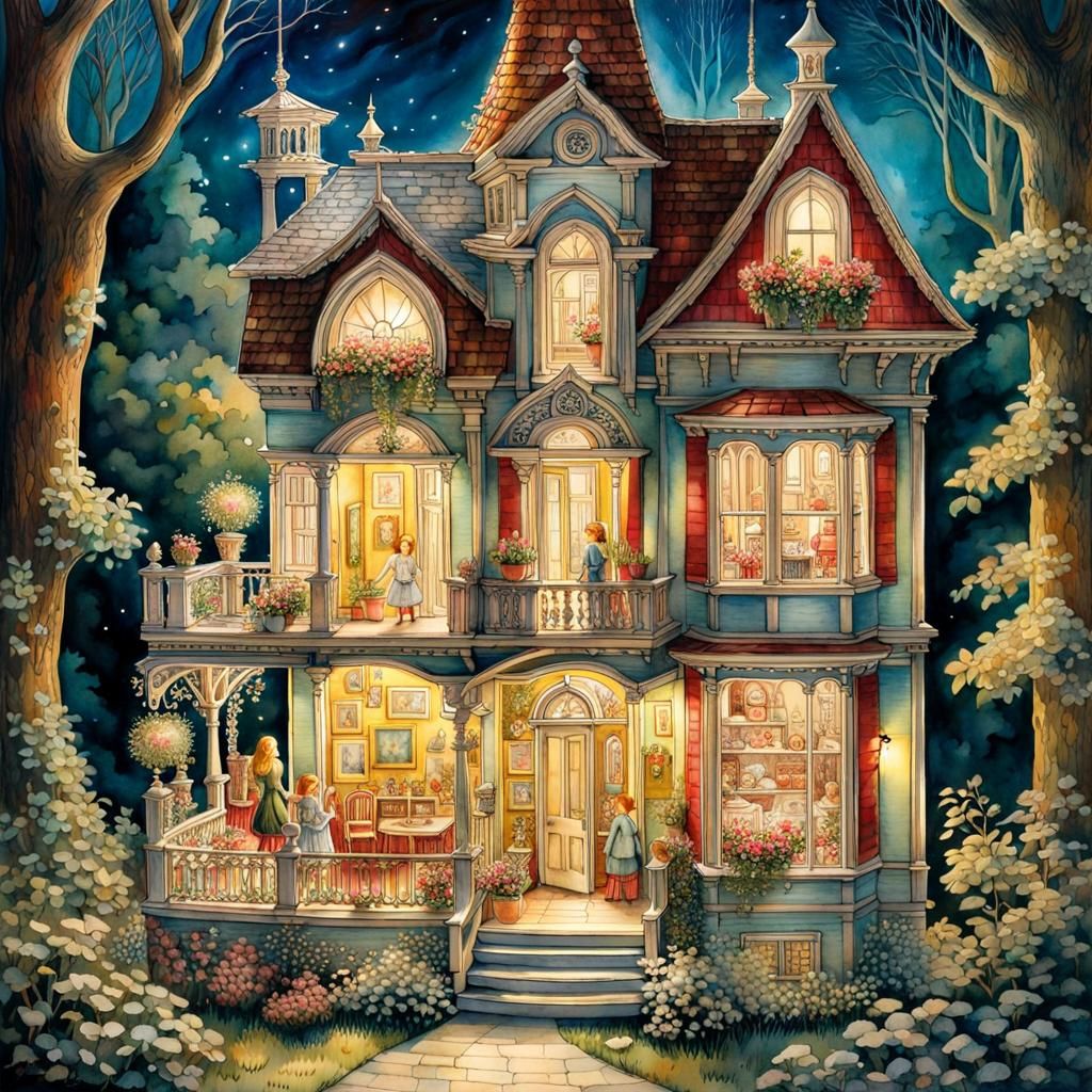 Glowing Antique Dollhouse in Watercolor Style
