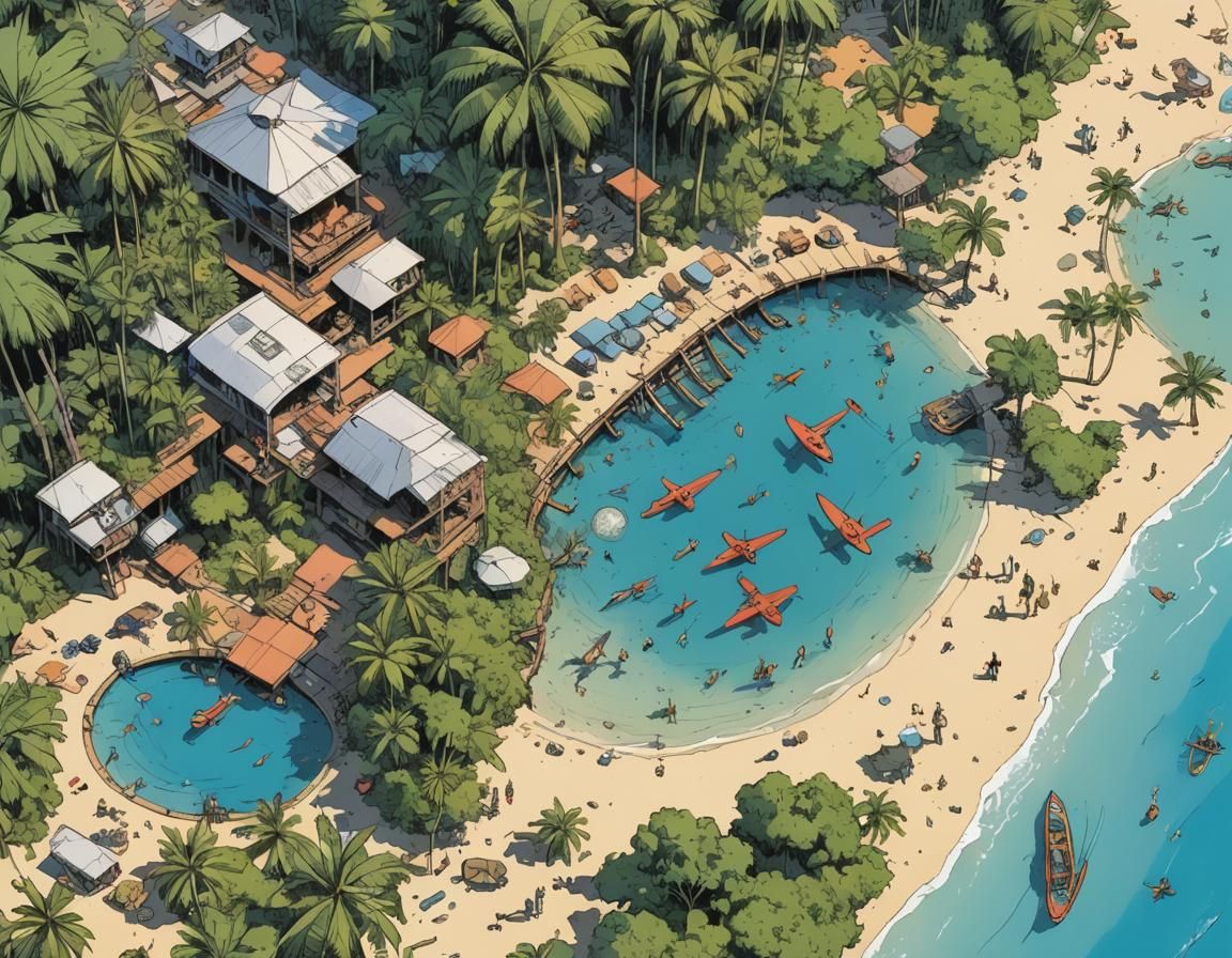 Tahiti Beach Drone View in Sci-Fi Comic Style