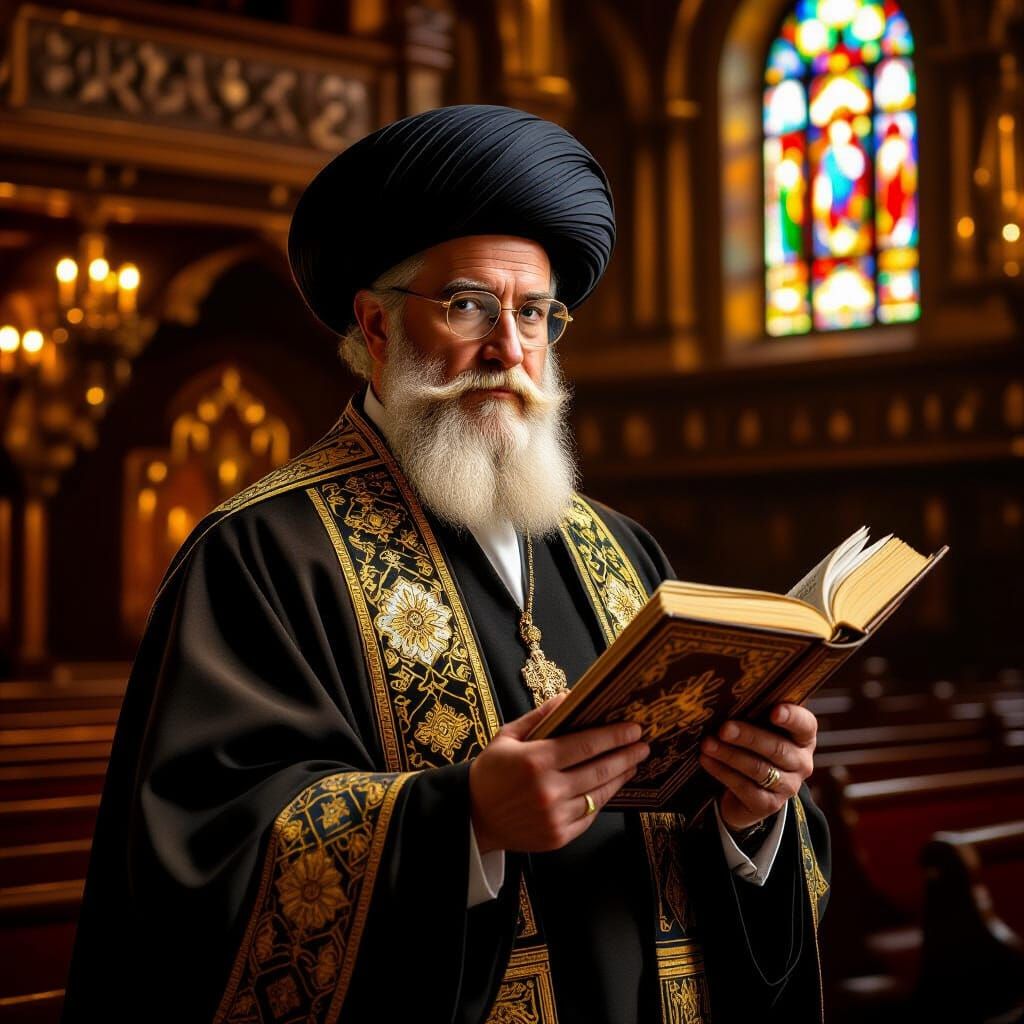 Blond Rabbi in Synagogue: Rembrandt and Caravaggio Style