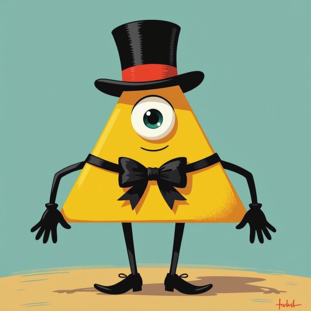 Whimsical Yellow Triangle Character with Top Hat and Bow