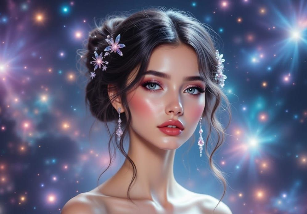 Ethereal Doll Woman in Dreamlike Galaxy Setting