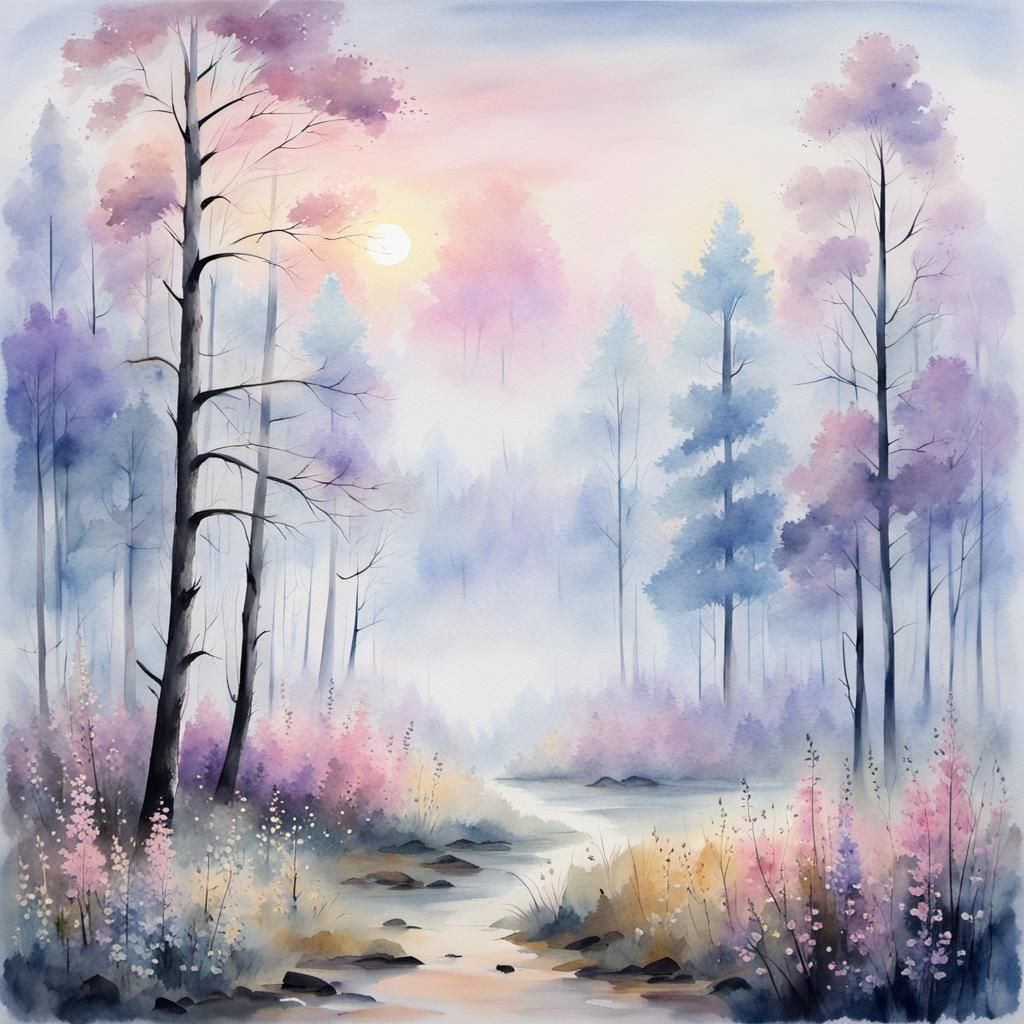 Misty Forest Dawn Watercolor Landscape