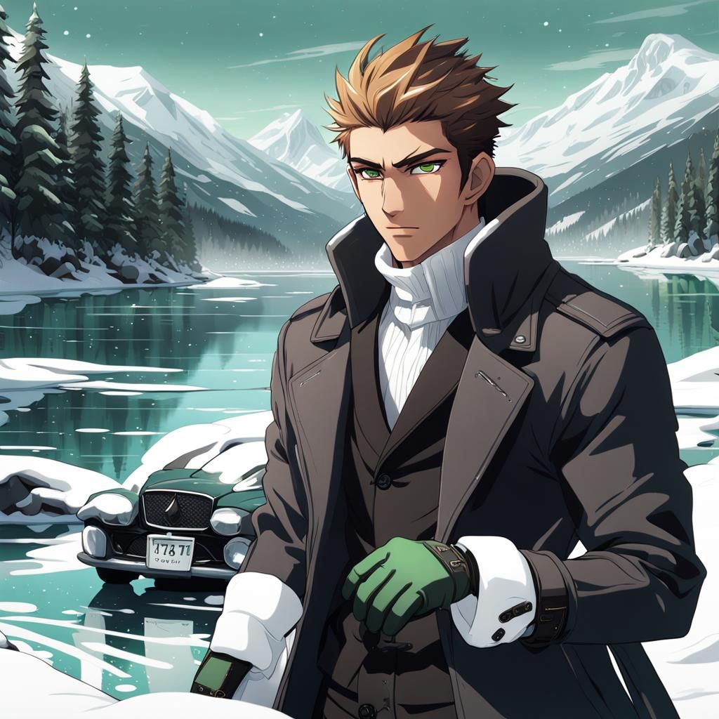 Anime Teen Racer in Snowy Landscape