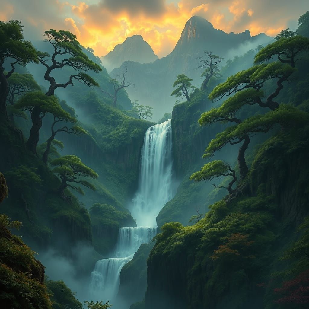 Majestic Waterfall in Lush Mountain Paradise