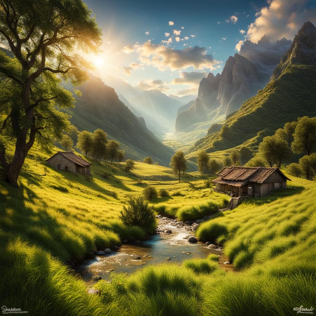 Lush Green Valley: A Hyperrealistic Landscape