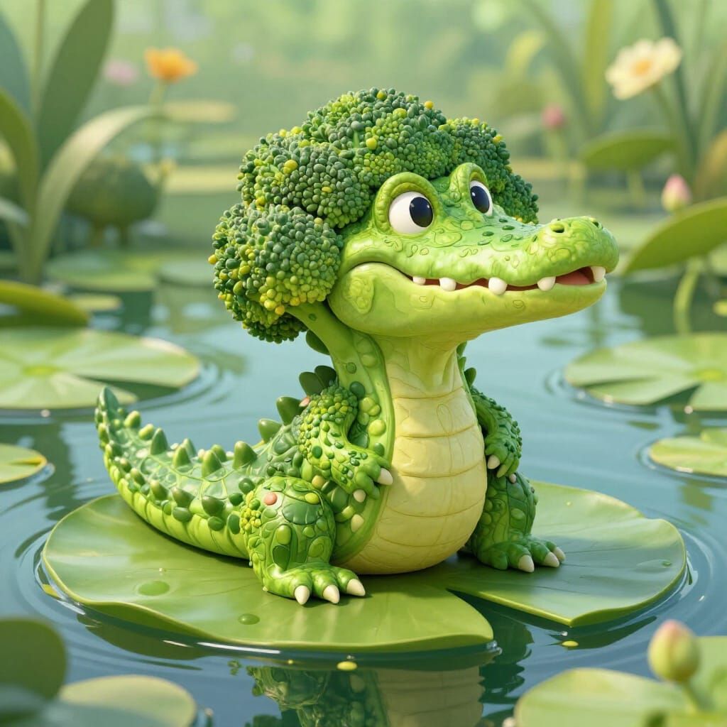 Whimsical Broccoli Crocodile on Lily Pad