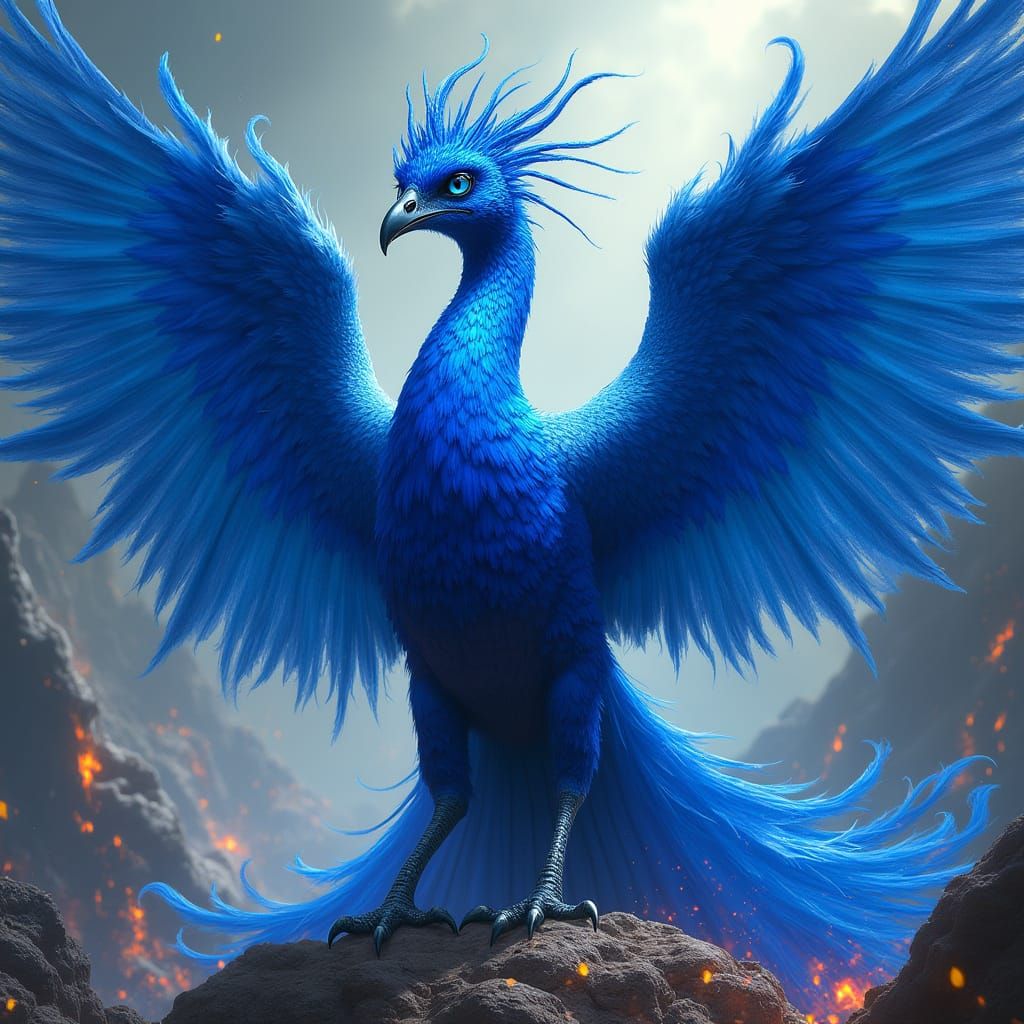 Majestic Azure Phoenix with Lava Wings and Electric Blue Fla...