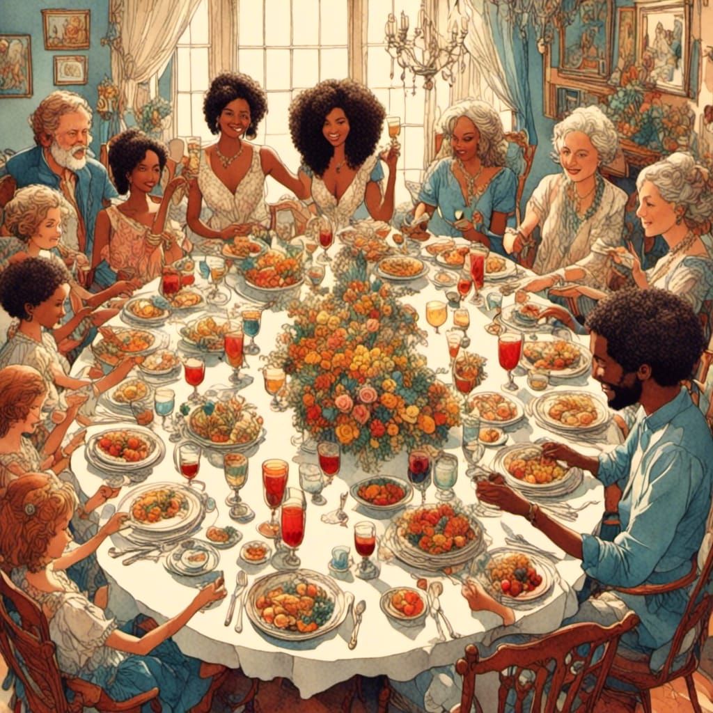 Family Dinner in Super-Realistic Romantic Watercolor